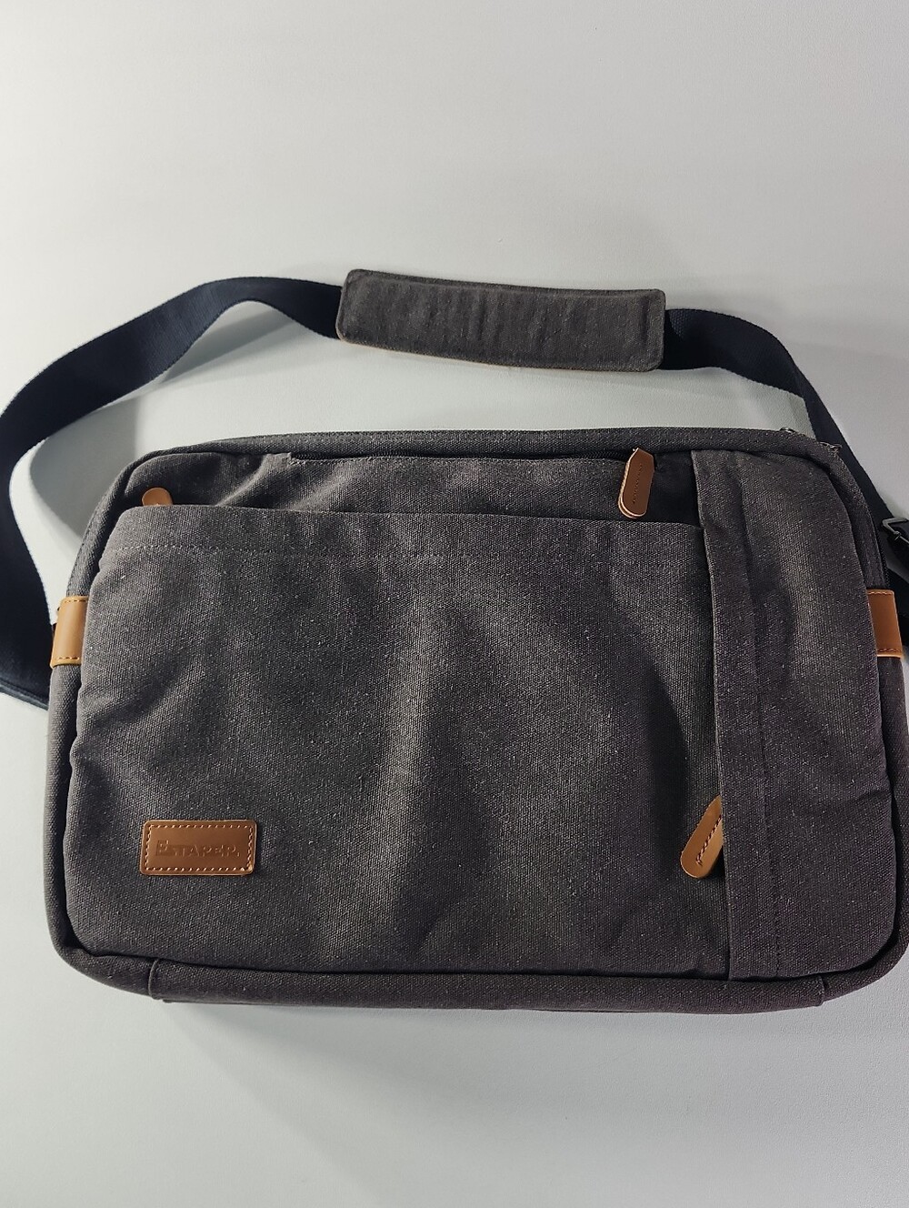 Sleek Gray Canvas Messenger Bag with Tan Accents & Hide Away Handles
